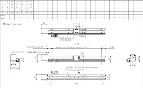Technical drawing of a linear stage actuator linear stage small slide guide cnc screw lead motion table motorized nema 14 stepper motor