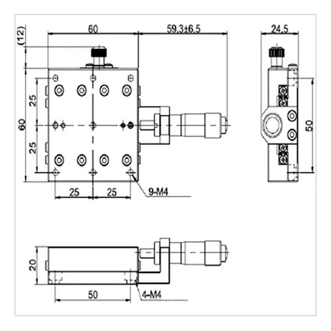 Technical drawing of ✝️ Linear Stages, SEMX60-AC X Micrometer Manual Displacement Sliding Table, dimensions shown with precision details.
