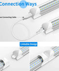 Pack Of 4 Linkable LED Shop Lights For Garage And Basement 6 Foot Long 60W T8 Integrated Ceiling Light With Double Row V Shape Beam 270 Degree Coverage 6000K Daylight 8000 Lumen Clear Lens Plug And Play No Fuss shown with connectors and linkable design
