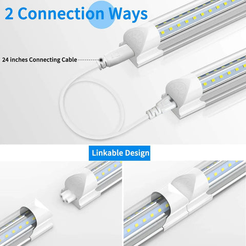 Pack Of 4 Linkable LED Shop Lights For Garage And Basement 6 Foot Long 60W T8 Integrated Ceiling Light With Double Row V Shape Beam 270 Degree Coverage 6000K Daylight 8000 Lumen Clear Lens Plug And Play No Fuss shown with connectors and linkable design