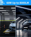 Pack Of 4 Linkable LED Shop Lights For Garage And Basement 6 Foot Long 60W T8 Integrated Ceiling Light With Double Row V Shape Beam 270 Degree Coverage 6000K Daylight 8000 Lumen Clear Lens Plug And Play No Fuss installed in garage and basement showcasing bright 6000K daylight illumination over parked cars.