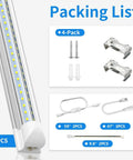 Pack Of 4 Linkable LED Shop Lights For Garage And Basement 6 Foot Long 60W T8 Integrated Ceiling Light With Double Row V Shape Beam 270 Degree Coverage 6000K Daylight 8000 Lumen Clear Lens Plug And Play No Fuss, packing accessories in view.