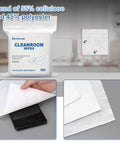 Package of Lint Free Cleanroom Wipes 4x4 Inches 1200 Pack, Grade A 68GSM Cellulose Polyester Blend, showing material blend and applications