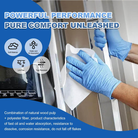 Person using blue gloves with Lint Free Cleanroom Wipes 4x4 Inches 1200 Pack, Grade A 68GSM Cellulose Polyester Blend, tear resistant and absorbent