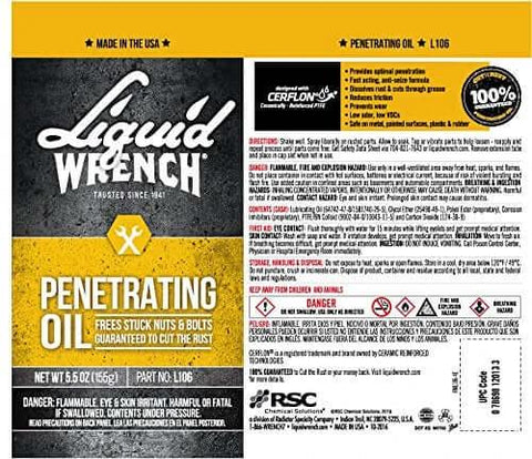 Label of Liquid Wrench L106 Penetrating Oil, 5.5 Oz displaying usage instructions and safety warnings.
