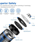 Exploded view of rechargeable AA lithium battery components with safety features highlighted, including protection mechanisms and materials