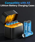 Rechargeable AA And AAA Batteries With USB C Fast Charge And 1100 Cycles next to a charging case