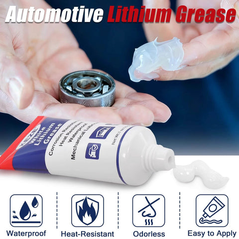 Keze White Lithium Grease Tube Automotive Grasa De Litio Car Door Grease with Brush NLGI 2 Rust Corrosion Waterproof for Hinges Bearings Gears Bike and Garage Doors Sliding Track 1oz Pack shown being applied to hands and bearing
