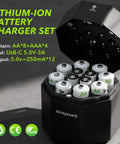 Rechargeable AA and AAA Battery Pack With 12-Channel Charger and Storage Box shown open with batteries inserted.