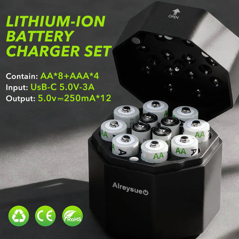 Rechargeable AA and AAA Battery Pack With 12-Channel Charger and Storage Box shown open with batteries inserted.