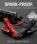 1000 Amp UltraSafe Jump Starter with red and black jumper cables, portable lithium battery booster pack, spark proof design