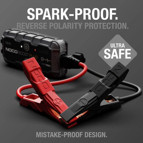 1000 Amp UltraSafe Jump Starter with red and black jumper cables, portable lithium battery booster pack, spark proof design
