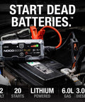 1000 Amp UltraSafe Jump Starter 12V Lithium Battery Booster Pack connected to car battery in engine compartment