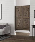 Commercial Grade Gravity Double Action Pivot Hinge on wooden saloon doors in a modern living room setup.