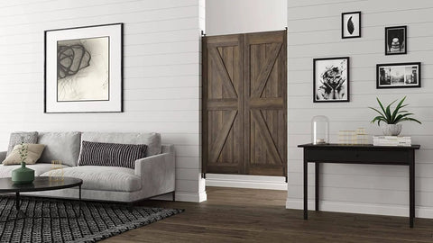 Commercial Grade Gravity Double Action Pivot Hinge on wooden saloon doors in a modern living room setup.