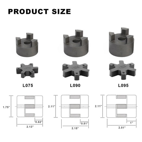 Product sizes for Durable L-Jaw 3/4 to 1 Inch Coupling Set with Buna N Rubber Spider for heavy machinery torque transfer