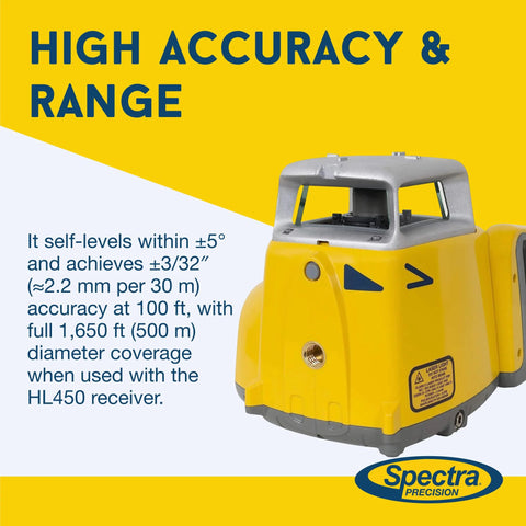 Spectra Precision LL300N-4 Self-Leveling Rotary Laser Kit shown with high accuracy and 1650 ft range features.