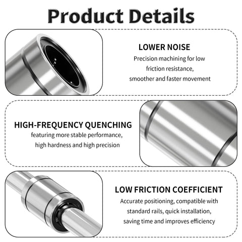 LM12UU Four Pack Linear Bearings For Smooth Precise Motion On 12mm Shafts, details of steel, low noise, high precision, low friction