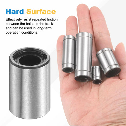Person holding Sealed LM4UU 4x8x12 mm linear ball bearings in a 4-pack with rubber seals for dust protection and smooth motion.