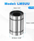 Compact sealed linear ball bearings with 5mm bore, 10mm OD, 15mm length in a 2 pack for smooth motion in 3D printers and CNC machines.