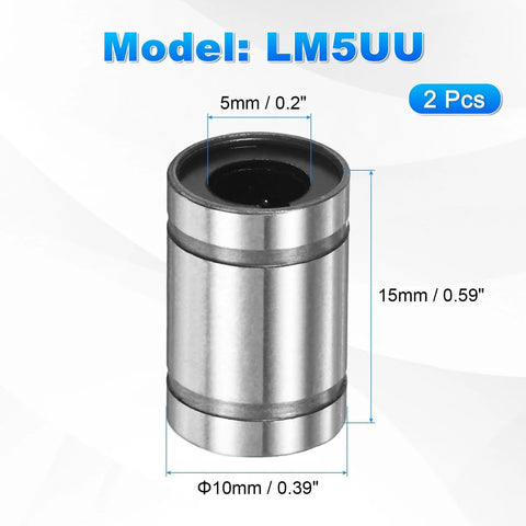 Compact sealed linear ball bearings with 5mm bore, 10mm OD, 15mm length in a 2 pack for smooth motion in 3D printers and CNC machines.