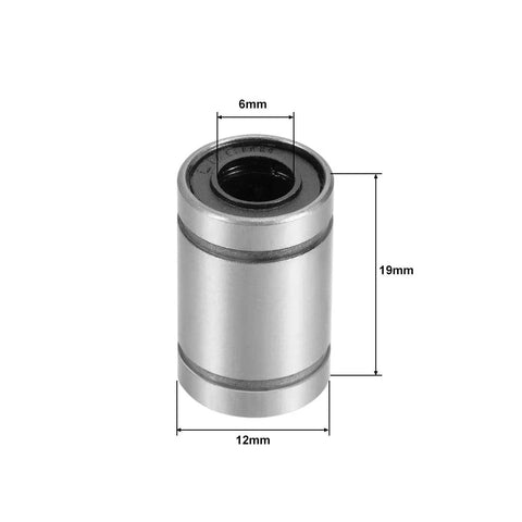 Experience smooth, repeatable linear motion with dual-seal LM6UU bearings, 6mm bore, 12mm OD, 19mm length. Front view of bearing.