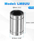 ✝️ LM8UU Linear Ball Bearings 8mm Bore Dia 15mm OD 24mm Length, 4 Pcs Linear Motion Bushing Double Side Rubber Sealed Rod Liner