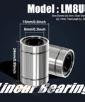 Two LM8UU linear ball bearings with dimensions labeled: 8mm bore, 15mm OD, 24mm length for CNC and 3D printer applications.