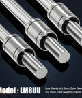 Three LM8UU linear ball bearings showing 8mm bore, 15mm outer diameter, 24mm length, double rubber seals for CNC and 3D printer use.