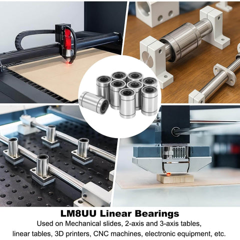 10 Pack LM8UU Linear Ball Bearings 8mm Bore Carbon Steel Double Sided Rubber Seals Nickel Plated Surface For CNC Machines And 3D Printers Linear Rail Guides shown installed in machinery