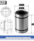 Diagram of 10 Pack LM8UU Linear Ball Bearings 8mm Bore Carbon Steel Double Sided Rubber Seals Nickel Plated Surface