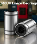 10 Pack LM8UU Linear Ball Bearings 8mm Bore Carbon Steel Double Sided Rubber Seals Nickel Plated Surface For CNC Machines And 3D Printers Linear Rail Guides, showing front view.