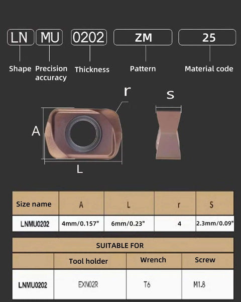 LNMU020209ZNER insert for Indexable 3/8 Inch Shank Metal Lathe End Mill Tool Holder EXN02R with specifications chart