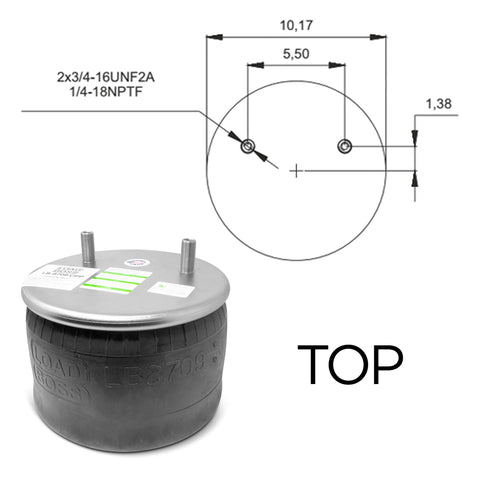 Top view of Load Boss 8709 Air Spring with dimensions diagram; replaces Hendrickson S21800, Intraax AA230, and Firestone W01-358-8709.