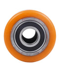 Front view of one wheel from 2 Pack Load Wheel Kit Compatible with Raymond Model 8210 Electric Pallet Jack, orange and black