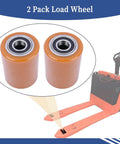 Load Wheel compatible with Toyota 8HBW23 electric pallet jack lift truck, showing two replacement wheels and pallet jack