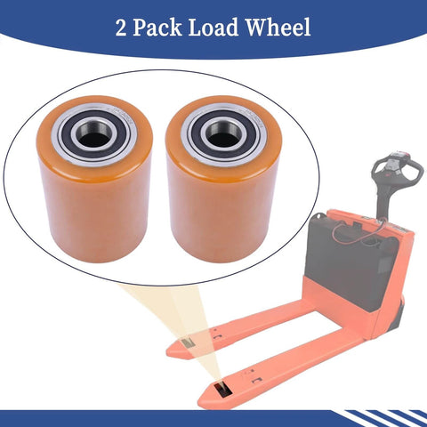 Load Wheel compatible with Toyota 8HBW23 electric pallet jack lift truck, showing two replacement wheels and pallet jack