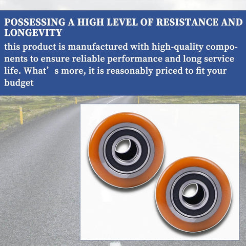 Load Wheel compatible with Toyota 8HBW23 electric pallet jack lift truck, 2 piece replacement wheel set shown on display