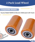 Load Wheel compatible with Toyota 8HBW23 electric pallet jack lift truck, showing 2 piece replacement wheel set for smooth operation