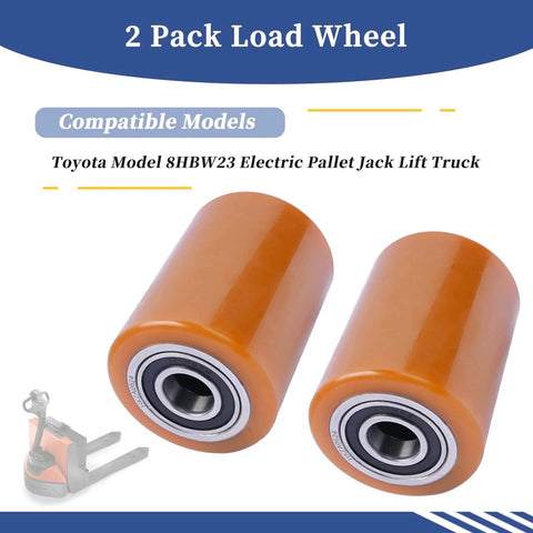 Load Wheel compatible with Toyota 8HBW23 electric pallet jack lift truck, showing 2 piece replacement wheel set for smooth operation