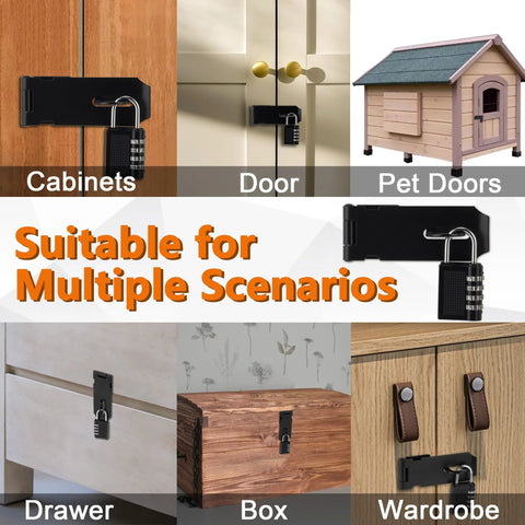 Heavy Duty Door Lock Hasp Latch 3 Inch Iron Safety Packlock Clasp installed on various items like cabinets and pet doors