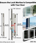 Keyless Sliding Door Lock With Handle For Patio And Glass Doors Featuring Fingerprint Code RFID Card Keypad App Remote Control Slim Frame Fits Door Thickness From One Inch To Four And Three Quarters Inches And Requires Frame Width One Point Eight Inches, displayed with dimensions and compatible door types.