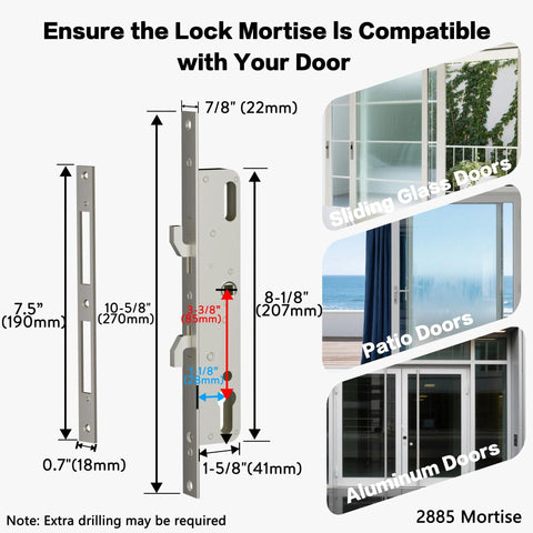 Keyless Sliding Door Lock With Handle For Patio And Glass Doors Featuring Fingerprint Code RFID Card Keypad App Remote Control Slim Frame Fits Door Thickness From One Inch To Four And Three Quarters Inches And Requires Frame Width One Point Eight Inches, displayed with dimensions and compatible door types.