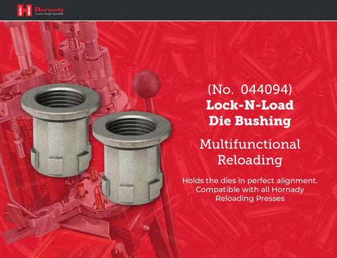 Fast Caliber Swap Die Bushings, 2 Pack, Lock-N-Load System By Hornady for quick die changes, shown atop reloading equipment