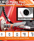 Hands Free Lock On Grease Gun Coupler With Cleaning Tool, 14000 PSI, 5/8 Inch Size, shown fitting on machinery with connectors