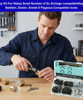 Man using Ultimate 120 Piece Deadlock Plug Retainer Clips Kit for Kwikset and Schlage Locks with rekey set, tools visible