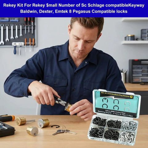 Man using Ultimate 120 Piece Deadlock Plug Retainer Clips Kit for Kwikset and Schlage Locks with rekey set, tools visible