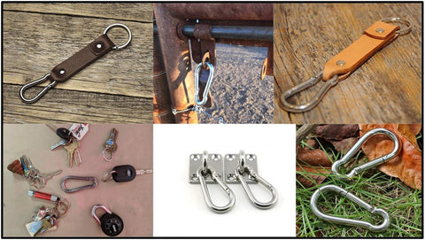 Assorted carabiner clips with leather straps and mounted hooks for outdoor and keyring use, different materials and designs shown