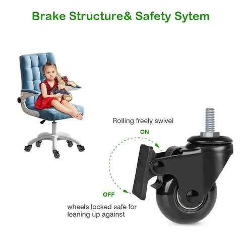 Two Inch Lockable Caster With Five Sixteenth Inch 18UNC Threaded Stem, Five Pack, shown attached to office chair.