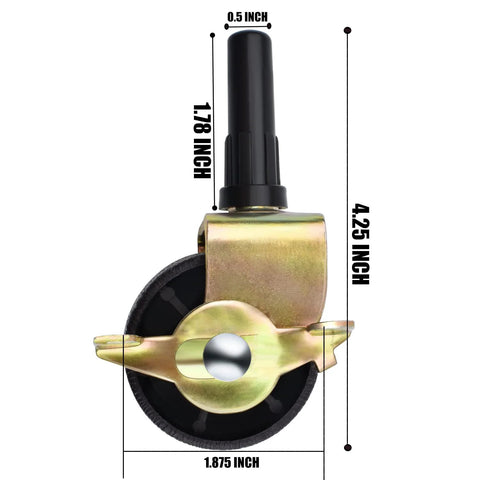 Locking Bed Frame Casters Set Of 4 With Brakes And Stem Socket Sleeves, gold and black caster with dimensions indicated